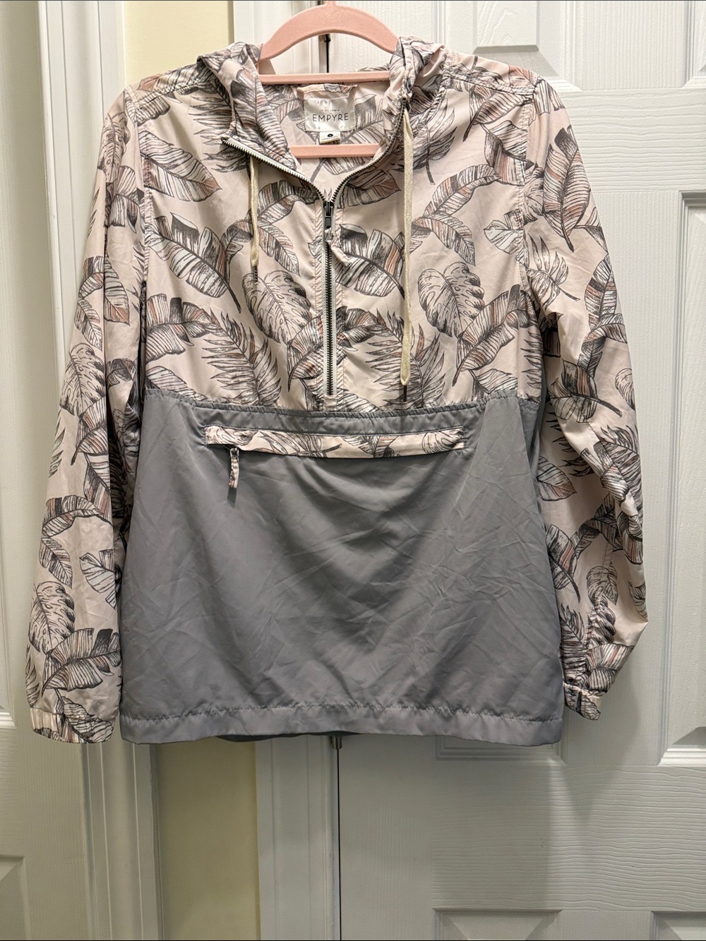 Empyre Hooded Anorak Jacket in Light Pink Leaf Print and Gray